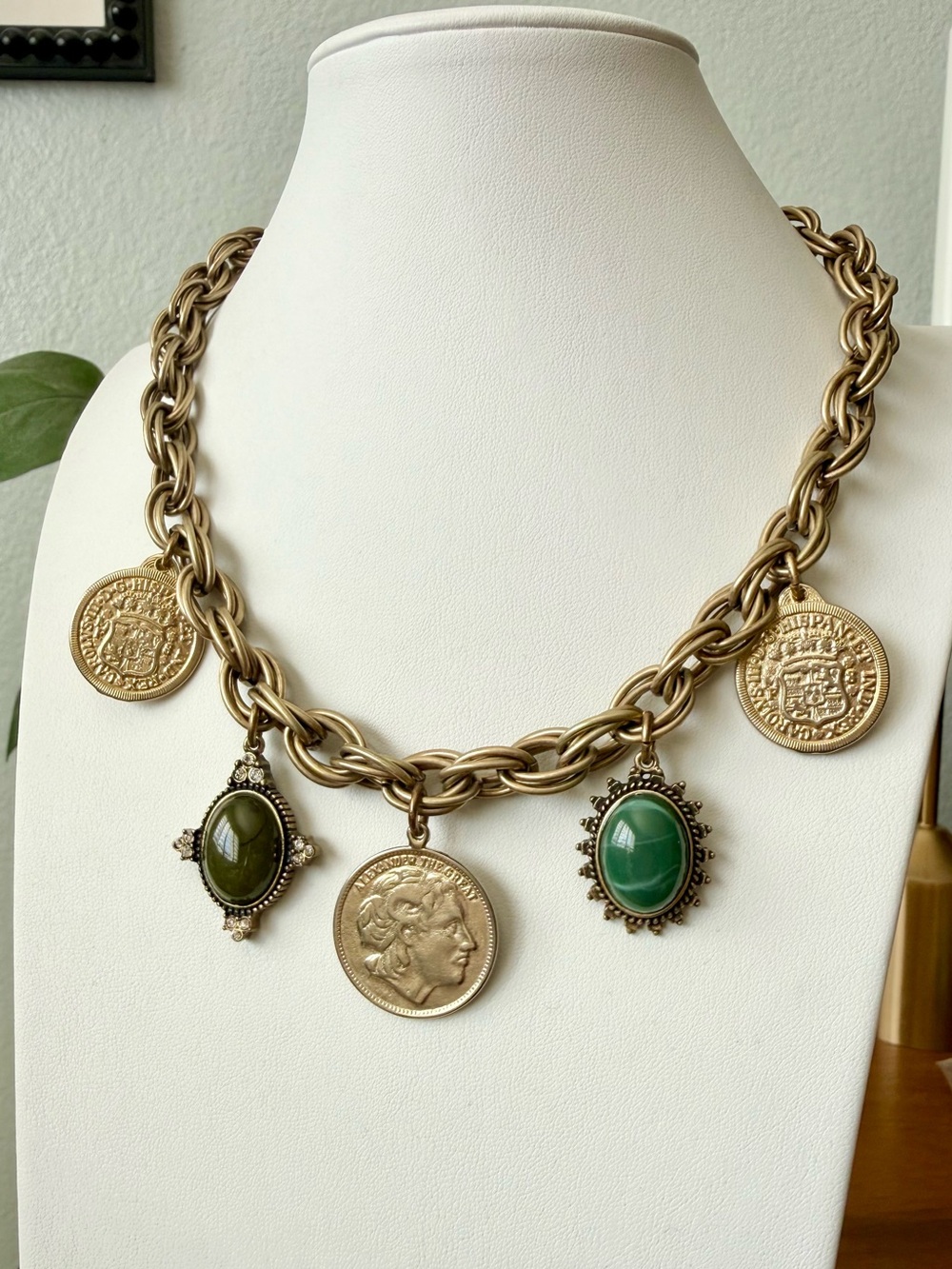 Vintage Inspired Goldtone Coins Green Medallion Charm Necklace Boho Chunky